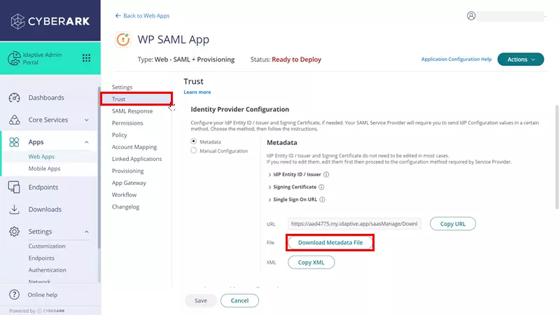 SAML Single Sign-On (SSO) using CyberArk(IdP),download metadata