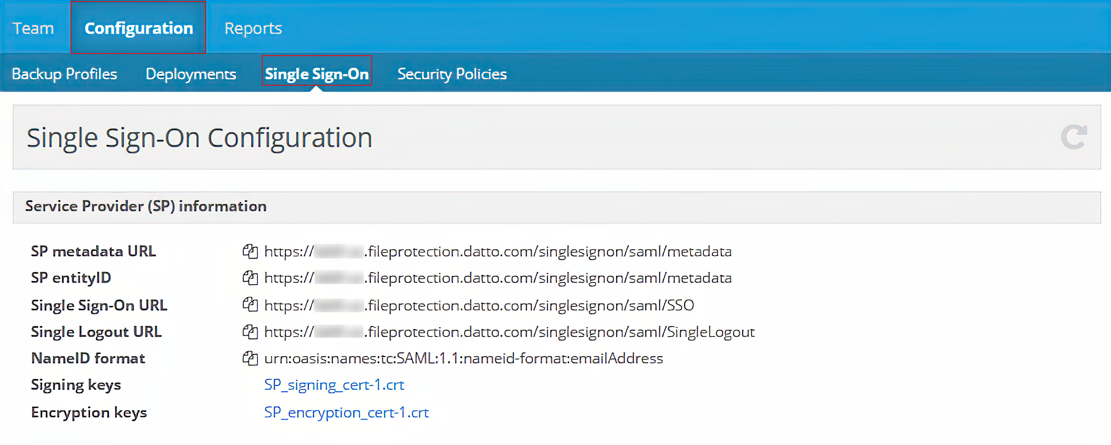 Go to Configuration, Integration and click Single Sign-On. Copy the required SP information.
