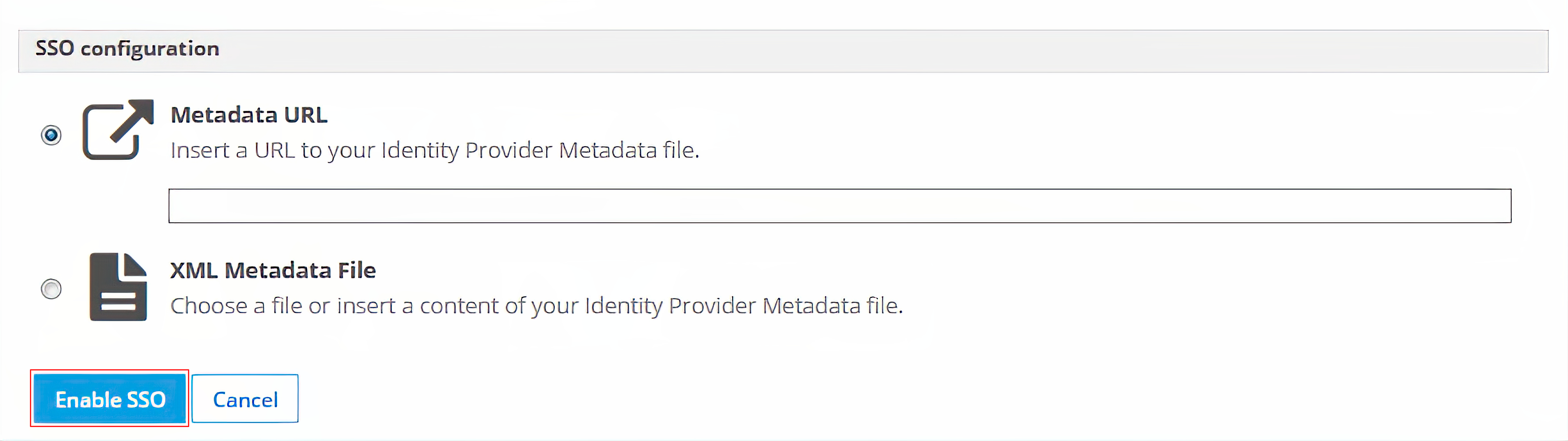 In the SSO Configuration, provide the miniOrange IdP Metadata url into Metadata URL text field.
