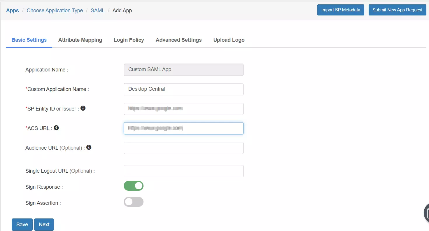 ManageEngine Desktop Central SAML Single Sign-On (sso) data