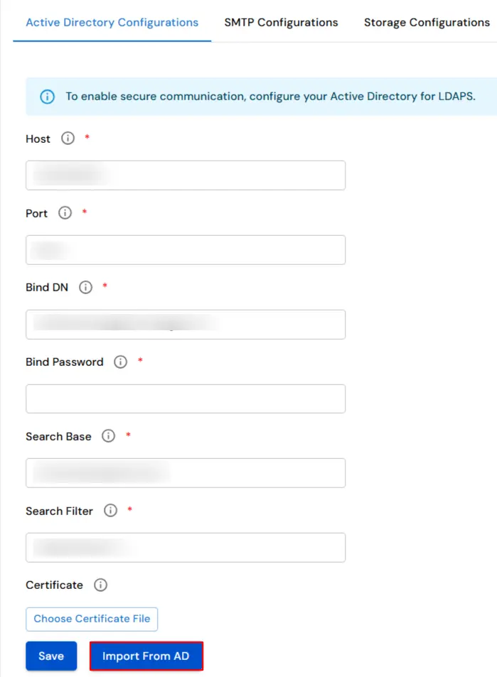 miniOrange DLP AD configuration form with server address port and credentials for LDAP sync