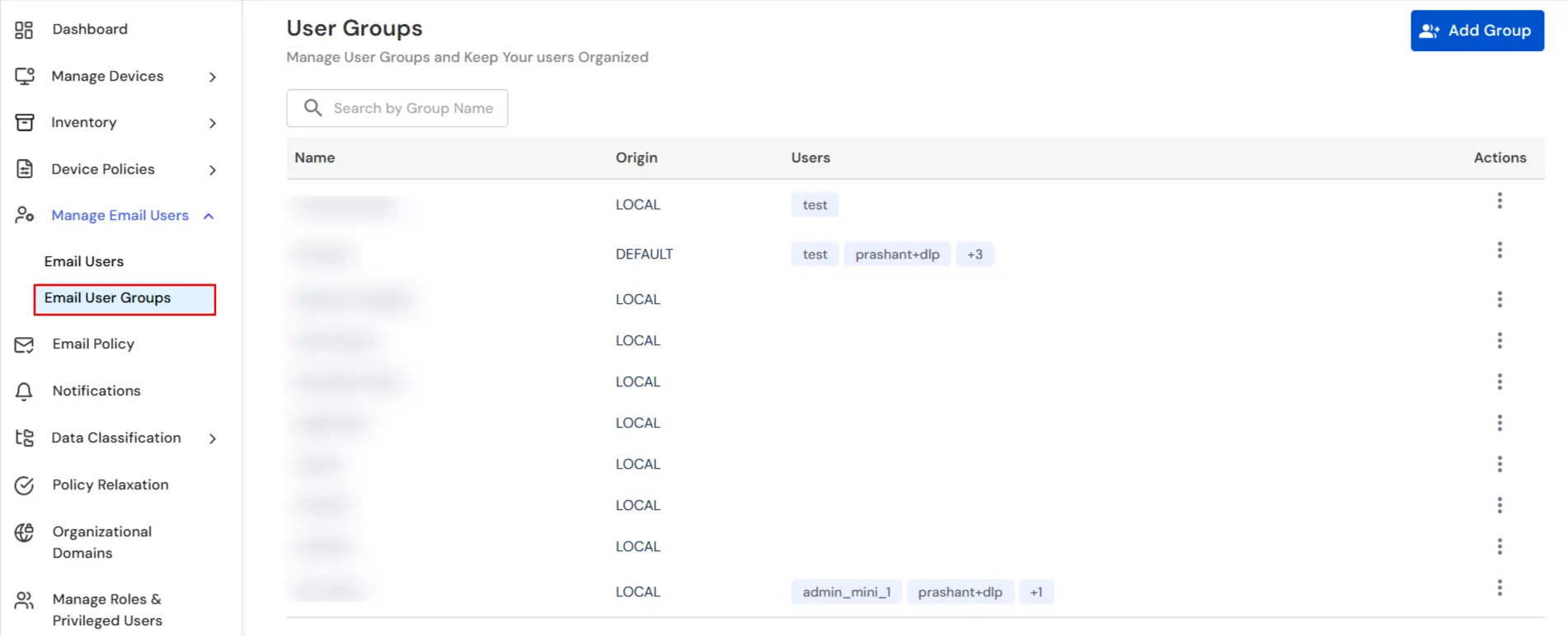 User Groups section displaying AD-synced groups in miniOrange DLP