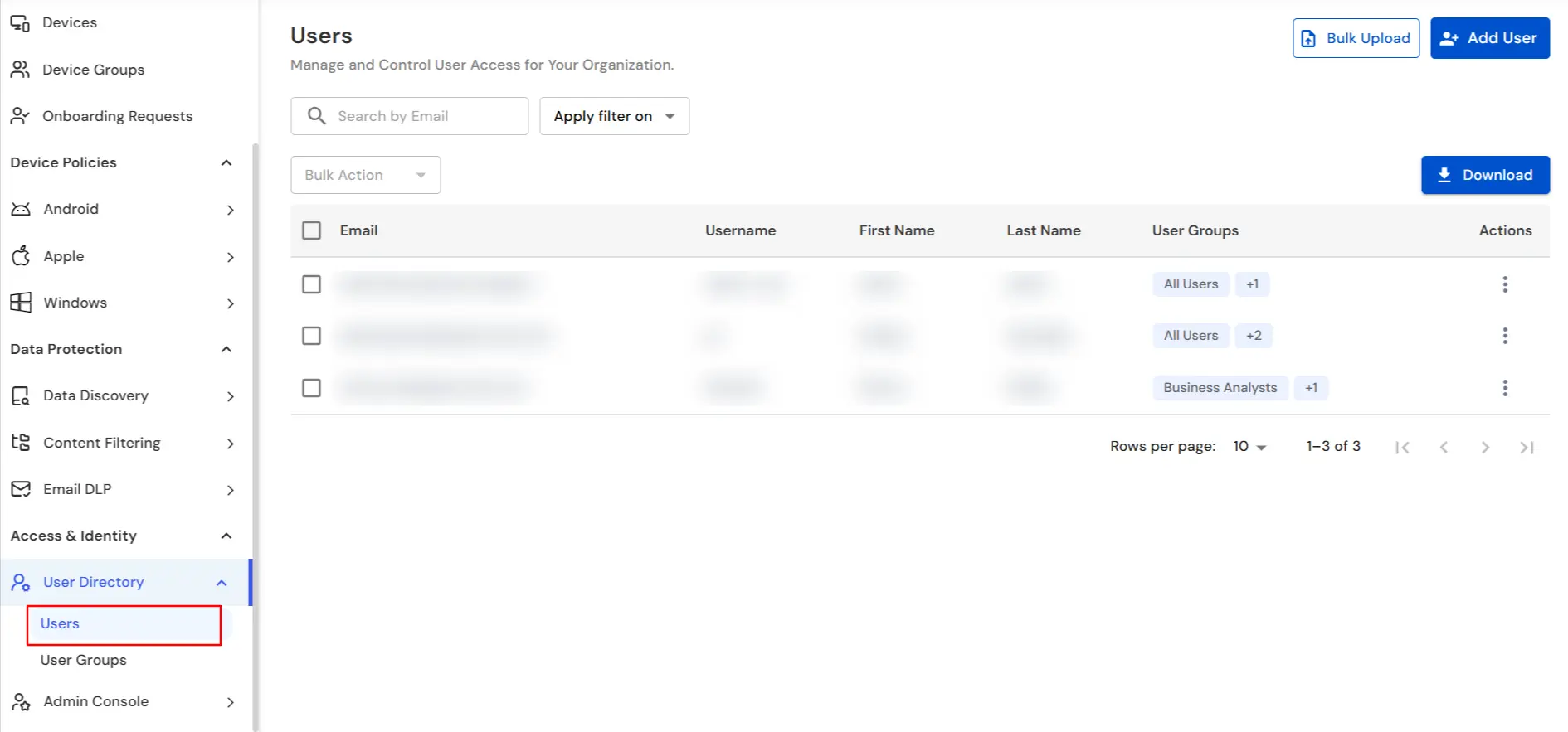 miniOrange DLP Email Users tab showing synced Active Directory users after import