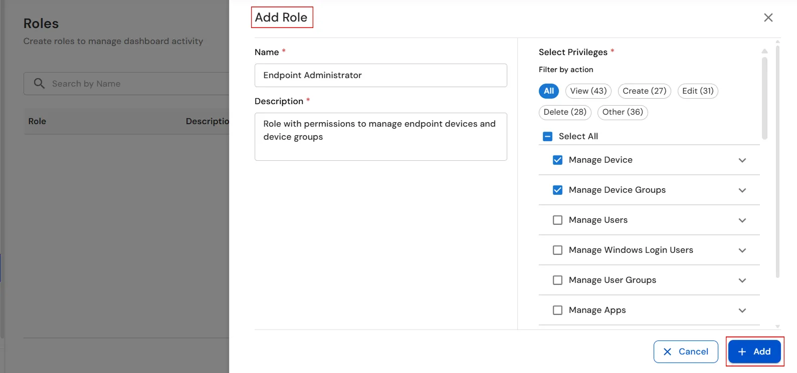 Select privileges for the role