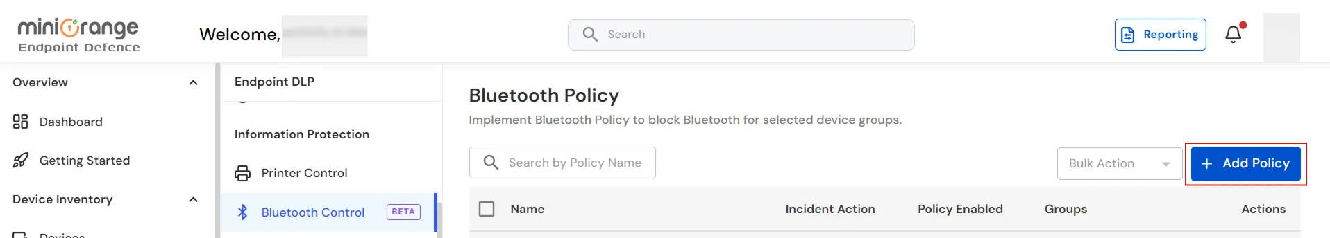 miniOrange Endpoint DLP Add Bluetooth Policy window for configuring Bluetooth Policy settings