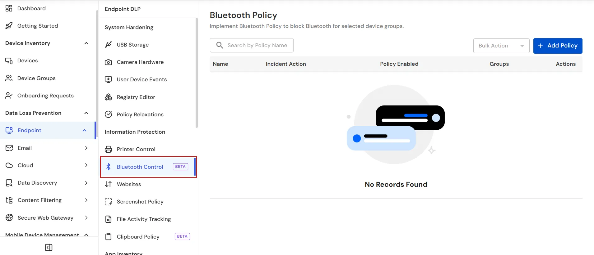 miniOrange Endpoint DLP Bluetooth Control page showing Bluetooth Policy management