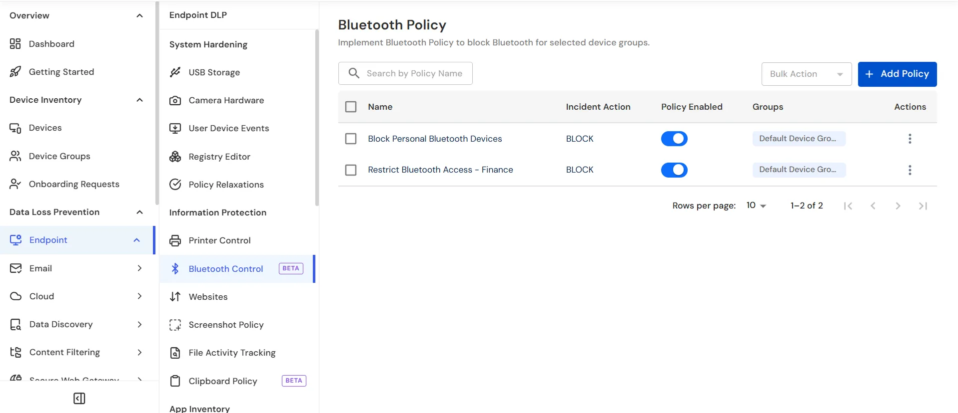 miniOrange Endpoint DLP Bluetooth Policy list showing configured Bluetooth policies