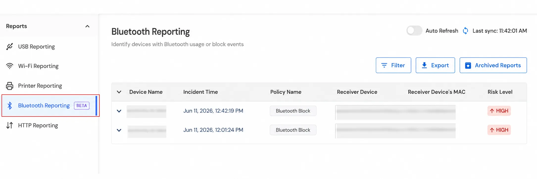 miniOrange Endpoint DLP Bluetooth Reporting page showing Bluetooth usage and block events