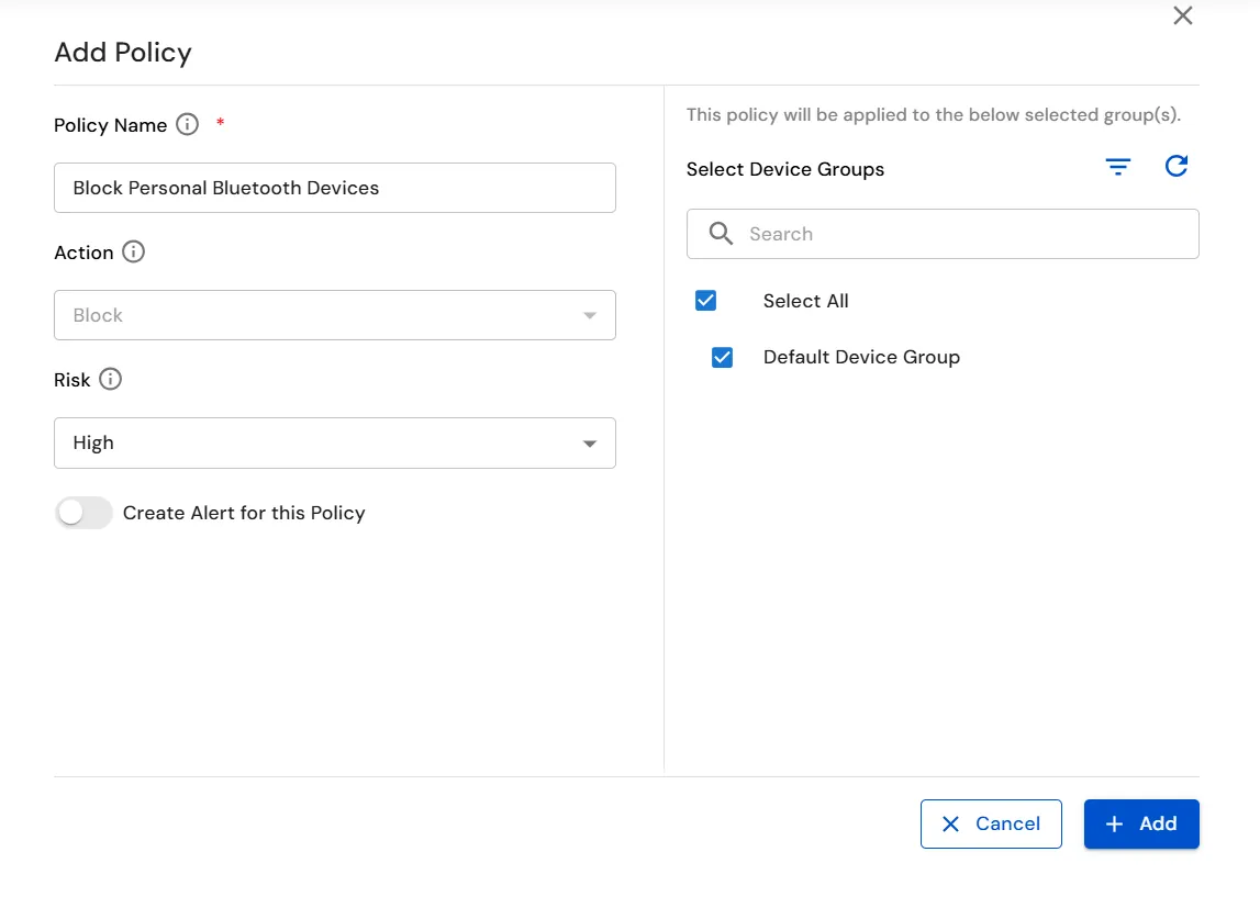 miniOrange Endpoint DLP Add Bluetooth Policy window for configuring Bluetooth Policy settings