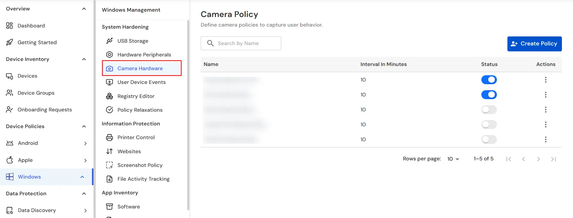 miniOrange DLP Windows Camera Hardware tab for webcam monitoring policy Create Policy