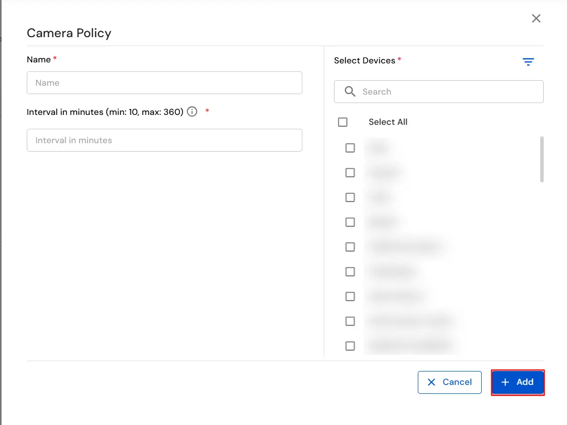miniOrange DLP camera monitoring policy form with name interval and device selection