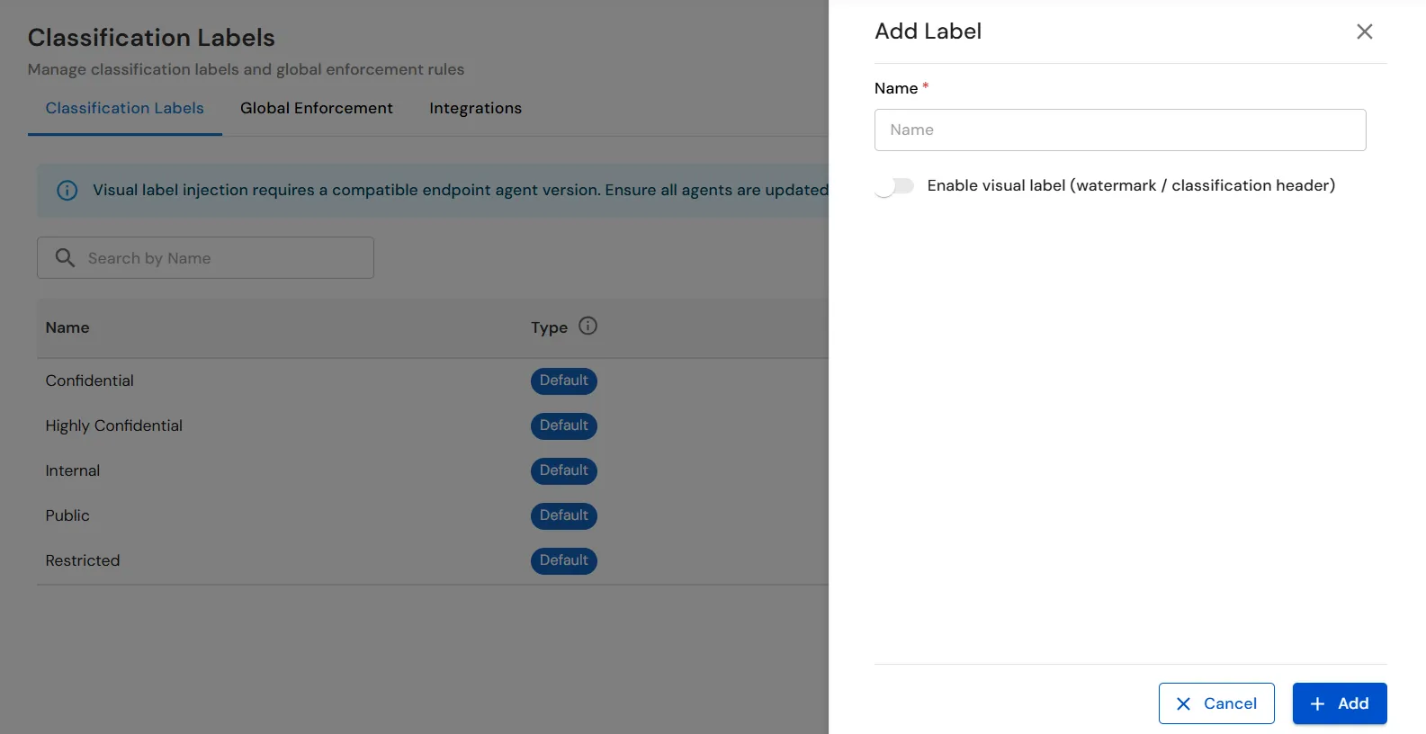 miniOrange Endpoint DLP Add Label window for configuring a classification label