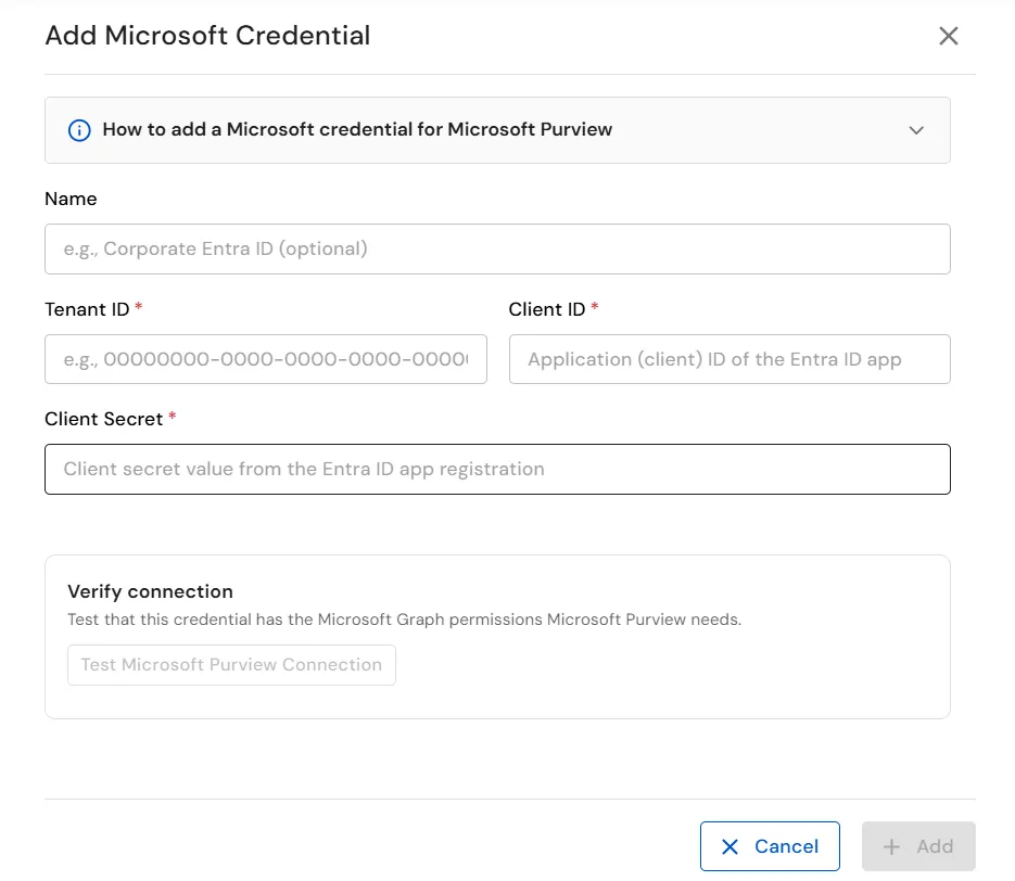 miniOrange Endpoint DLP Add Microsoft Credential window for Microsoft Purview integration