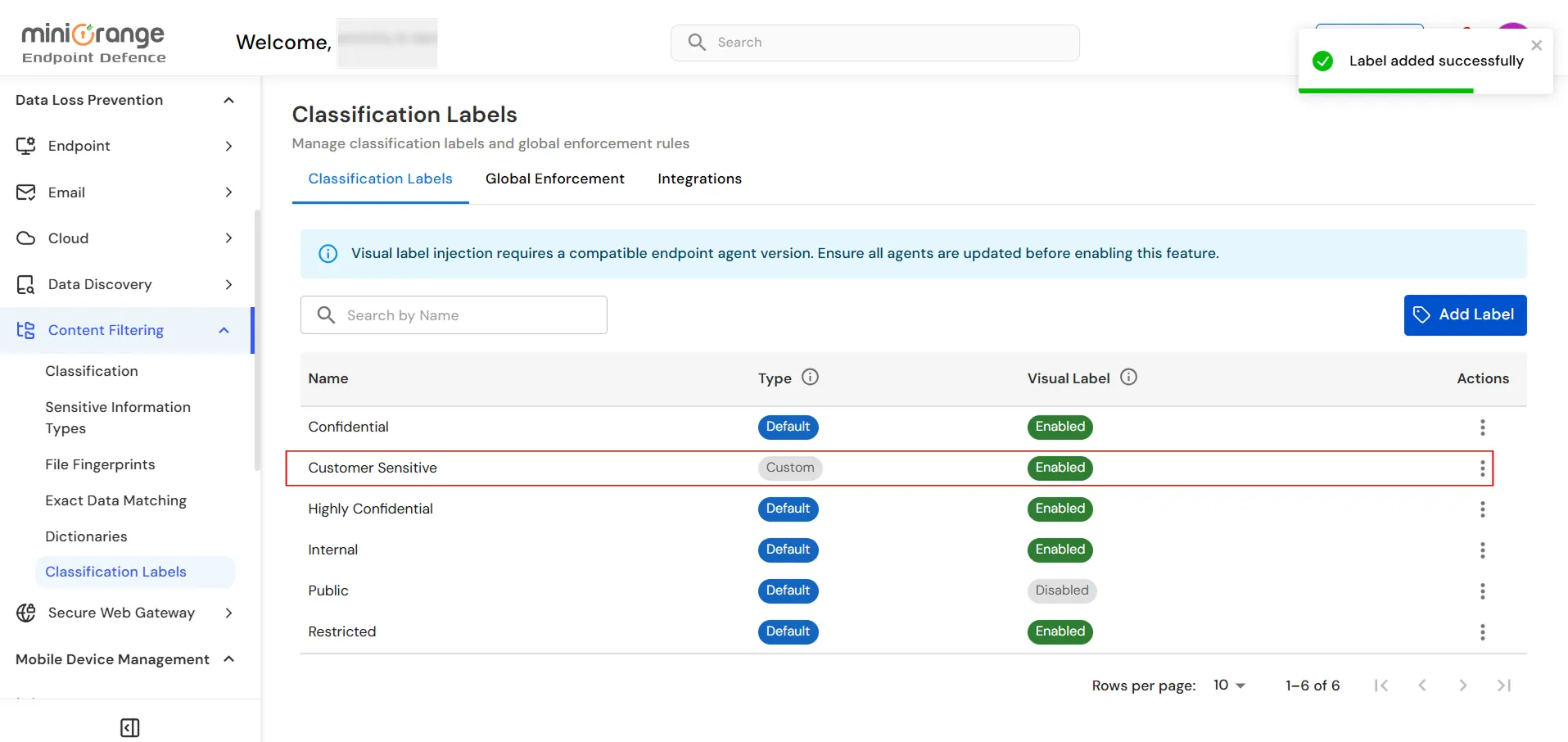miniOrange Endpoint DLP Classification Labels page showing the newly created custom label