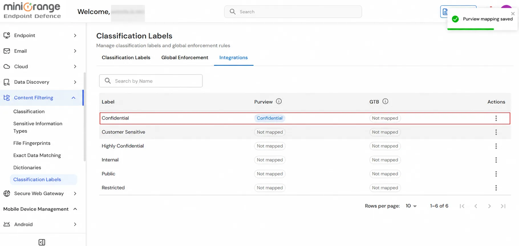 miniOrange Endpoint DLP Classification Labels Integrations tab showing saved Microsoft Purview mapping