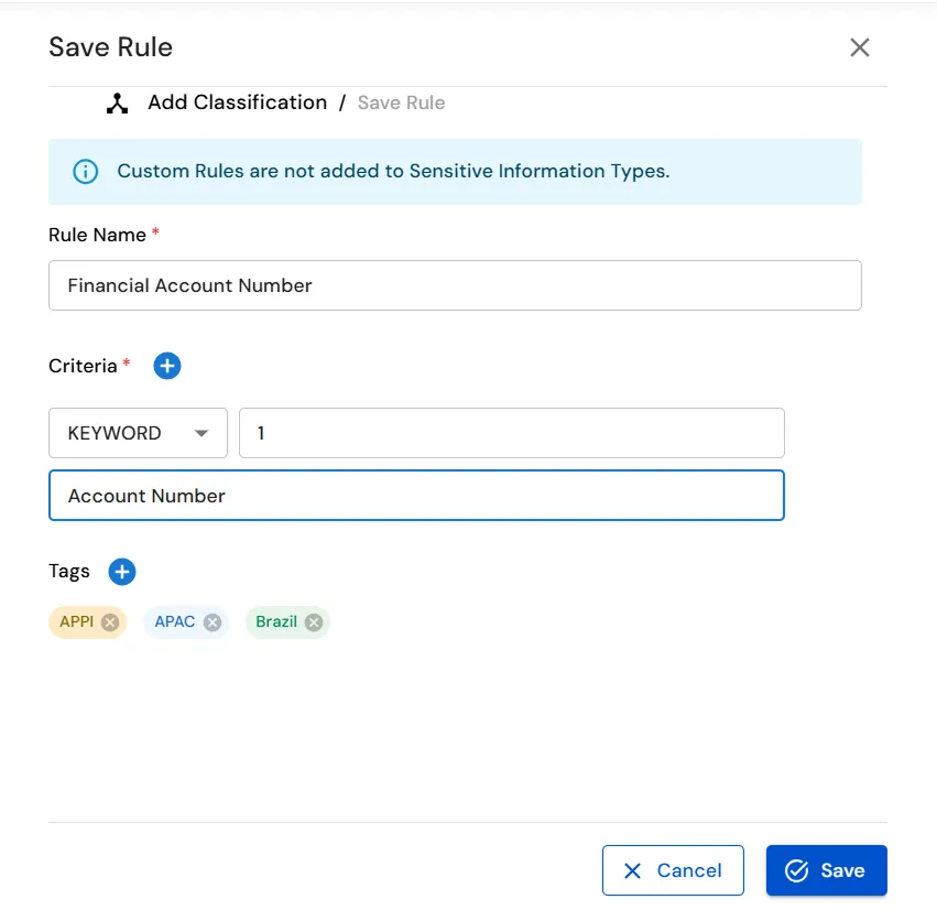 miniOrange Endpoint DLP Attach Tags window for assigning tags to a custom rule