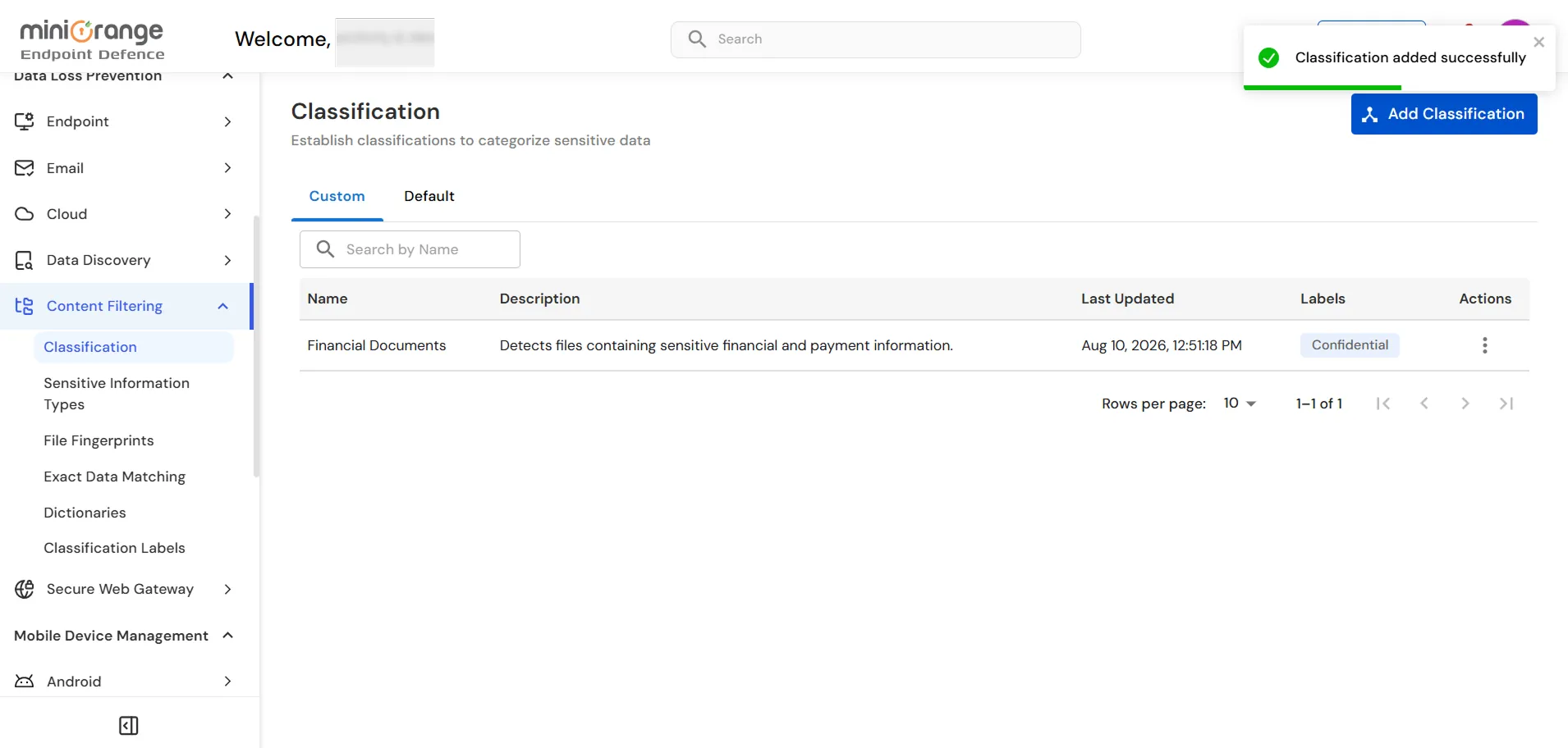 miniOrange Endpoint DLP Classification page showing the newly created custom classification