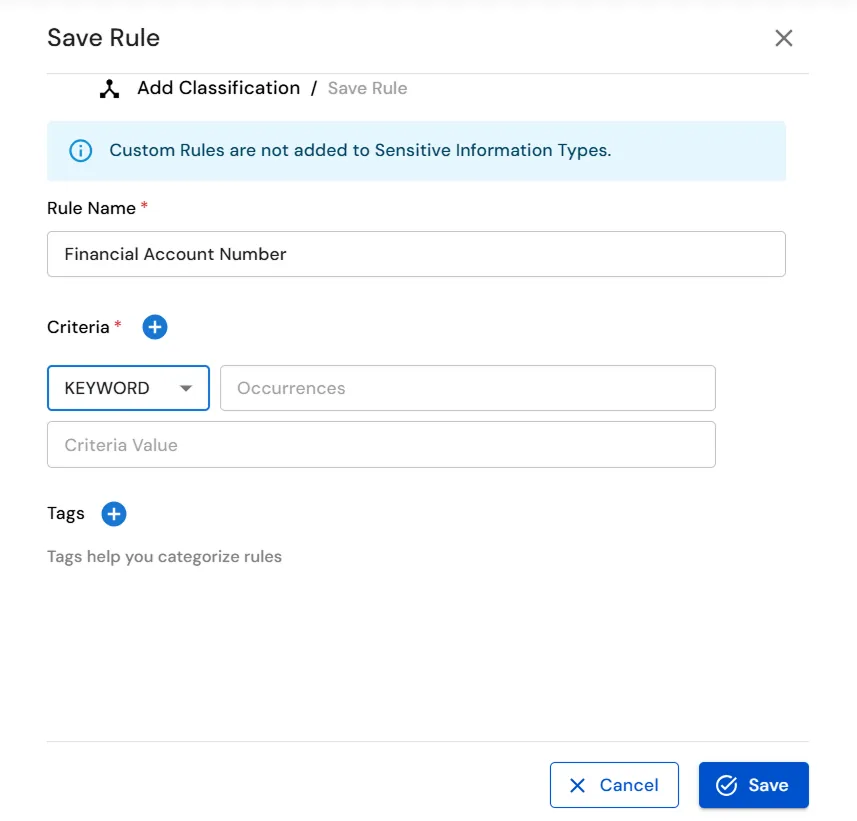 miniOrange Endpoint DLP Add Custom Rule window for configuring classification criteria