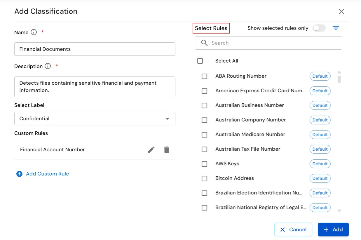 miniOrange Endpoint DLP Add Classification window showing selected predefined and custom rules