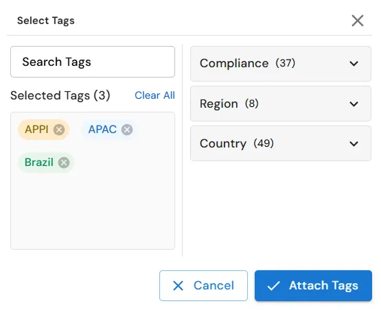 miniOrange Endpoint DLP Select Tags window for assigning tags to a custom rule