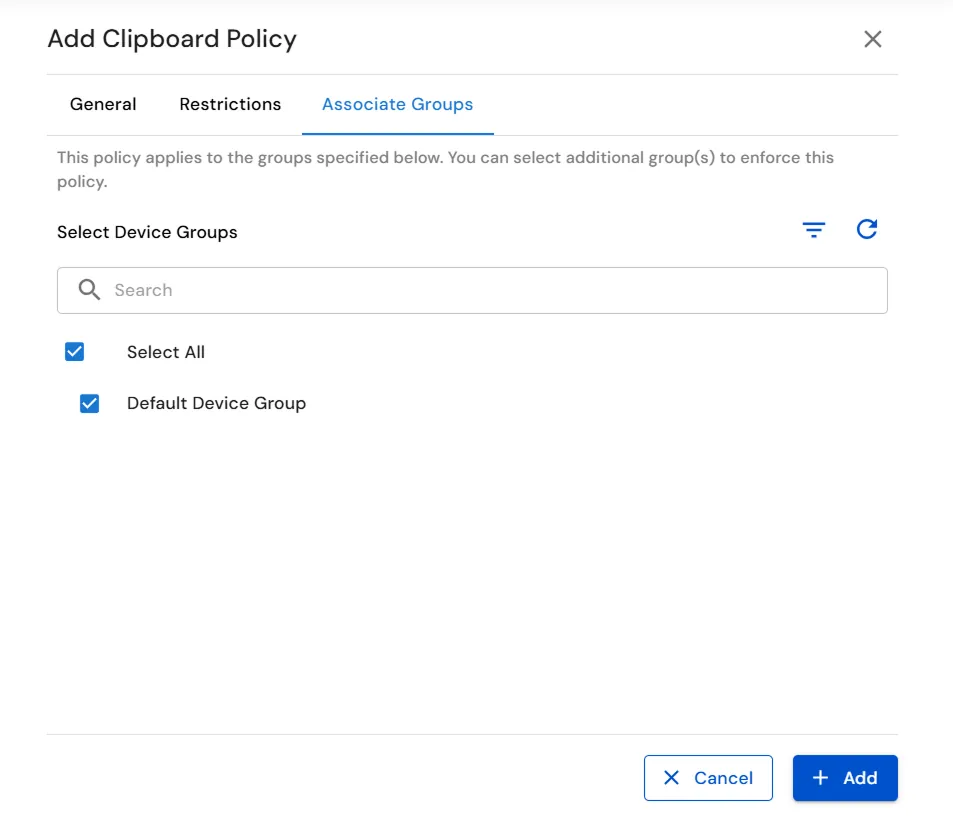 miniOrange Endpoint DLP Associate Groups tab for assigning Clipboard Policy to Device Groups