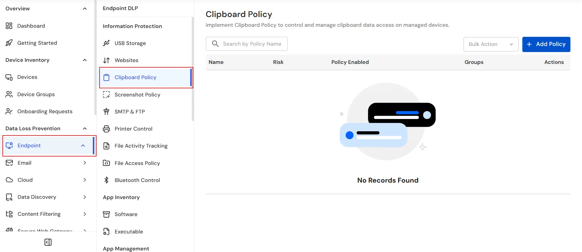 miniOrange Endpoint DLP Clipboard Control page showing Clipboard Policy management