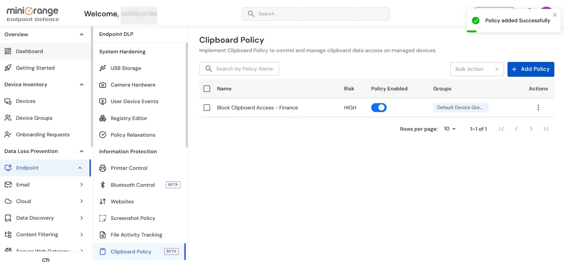 miniOrange Endpoint DLP Clipboard Policy list showing the newly created Clipboard Policy