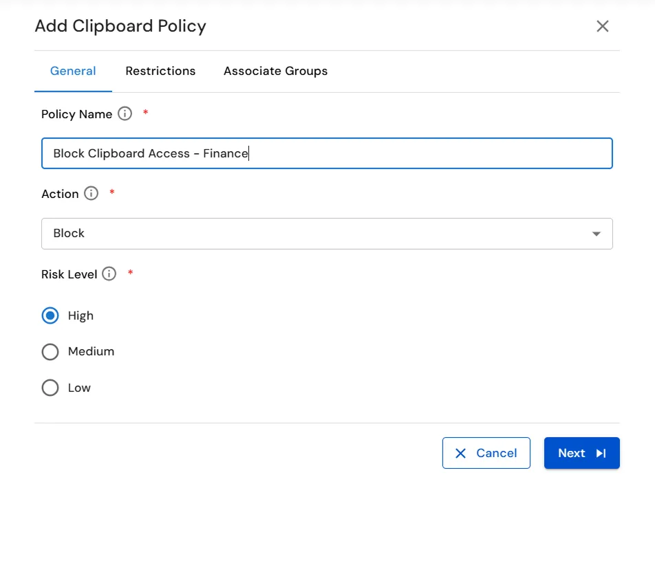 miniOrange Endpoint DLP Add Clipboard Policy window for configuring Clipboard Policy settings