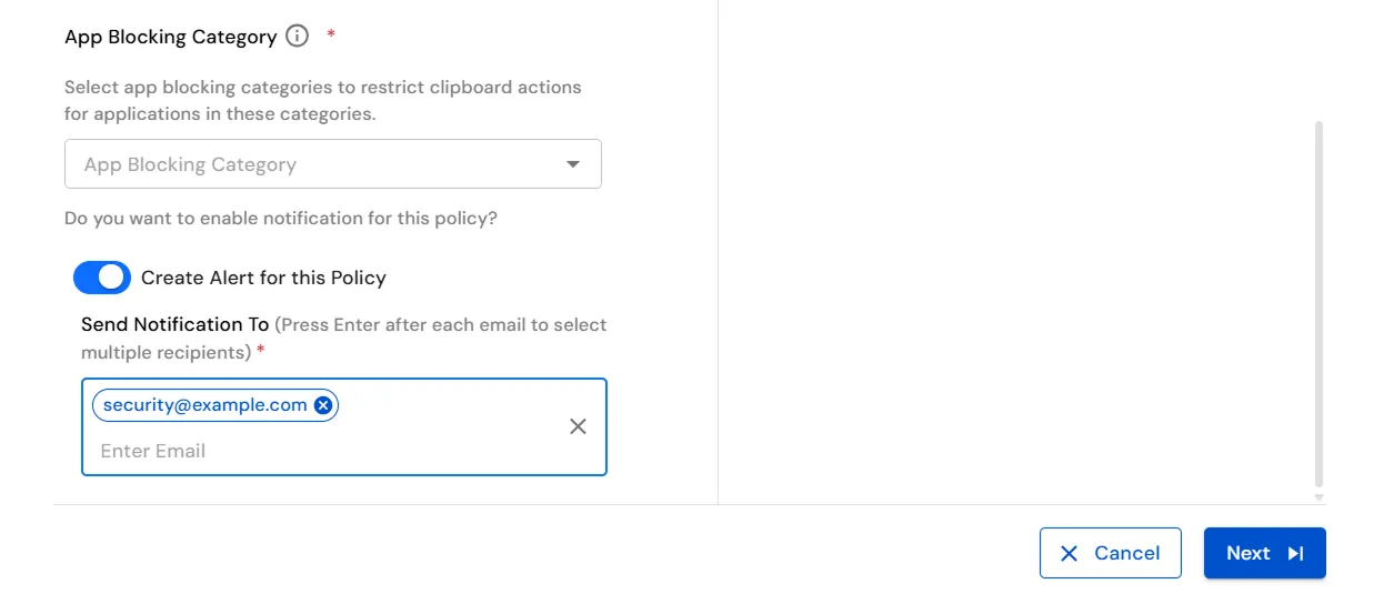 miniOrange Endpoint DLP Clipboard Policy Restrictions tab showing alert notification settings