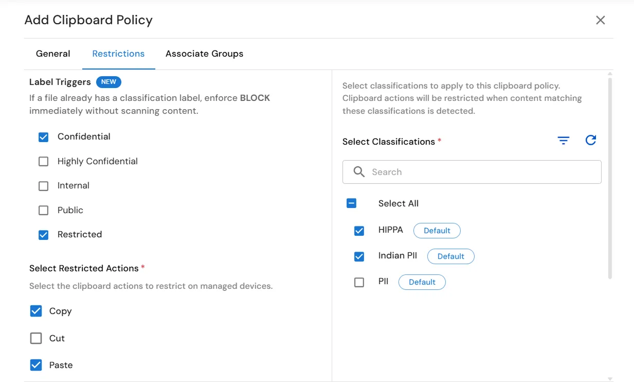 miniOrange Endpoint DLP Clipboard Policy Restrictions tab for configuring clipboard restrictions