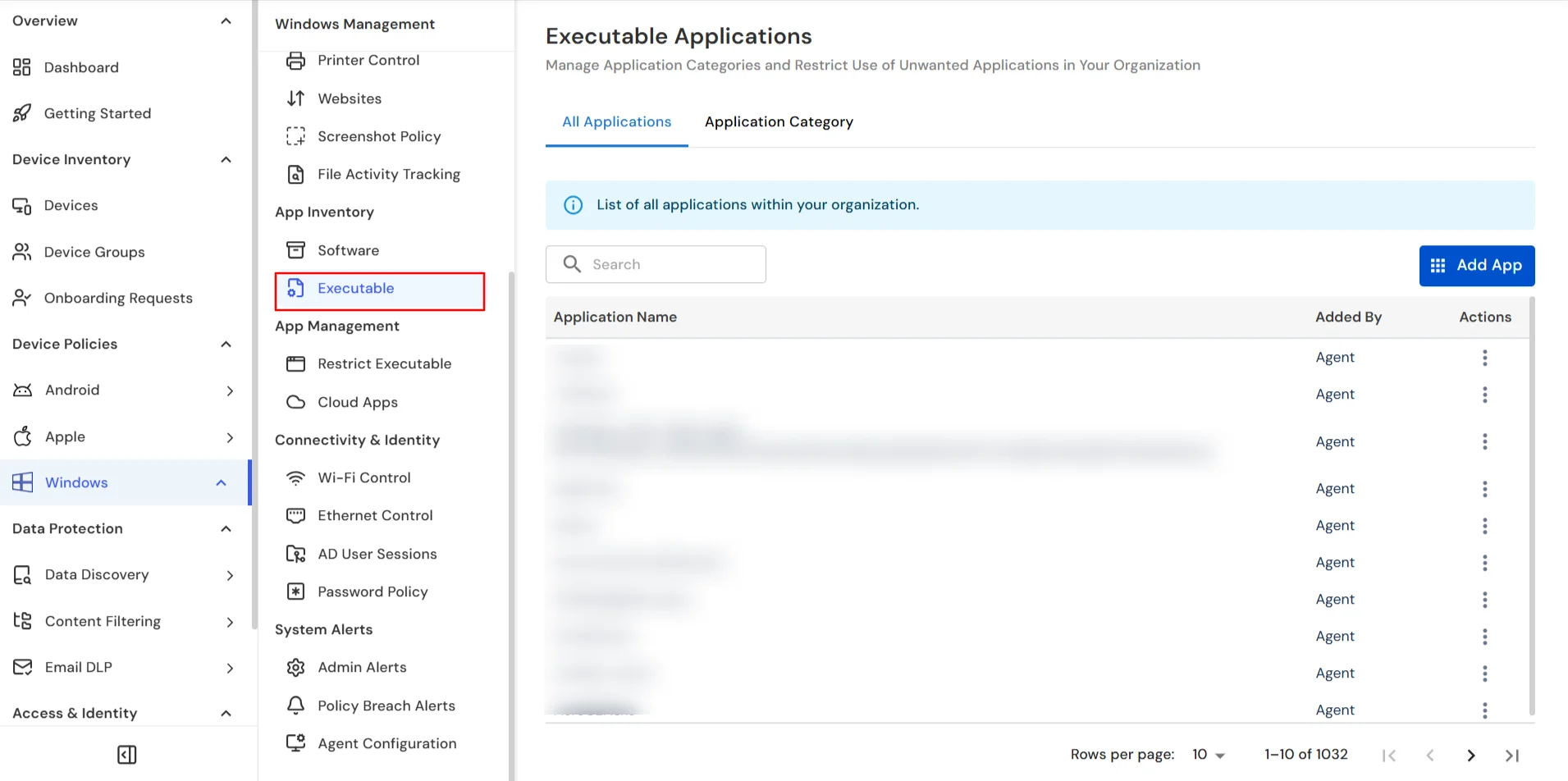 miniOrange DLP Windows Executables tab for application inventory and blocking policy