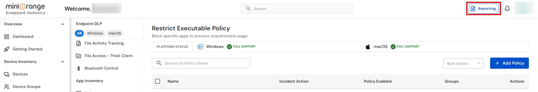 miniOrange DLP executable app policy reporting