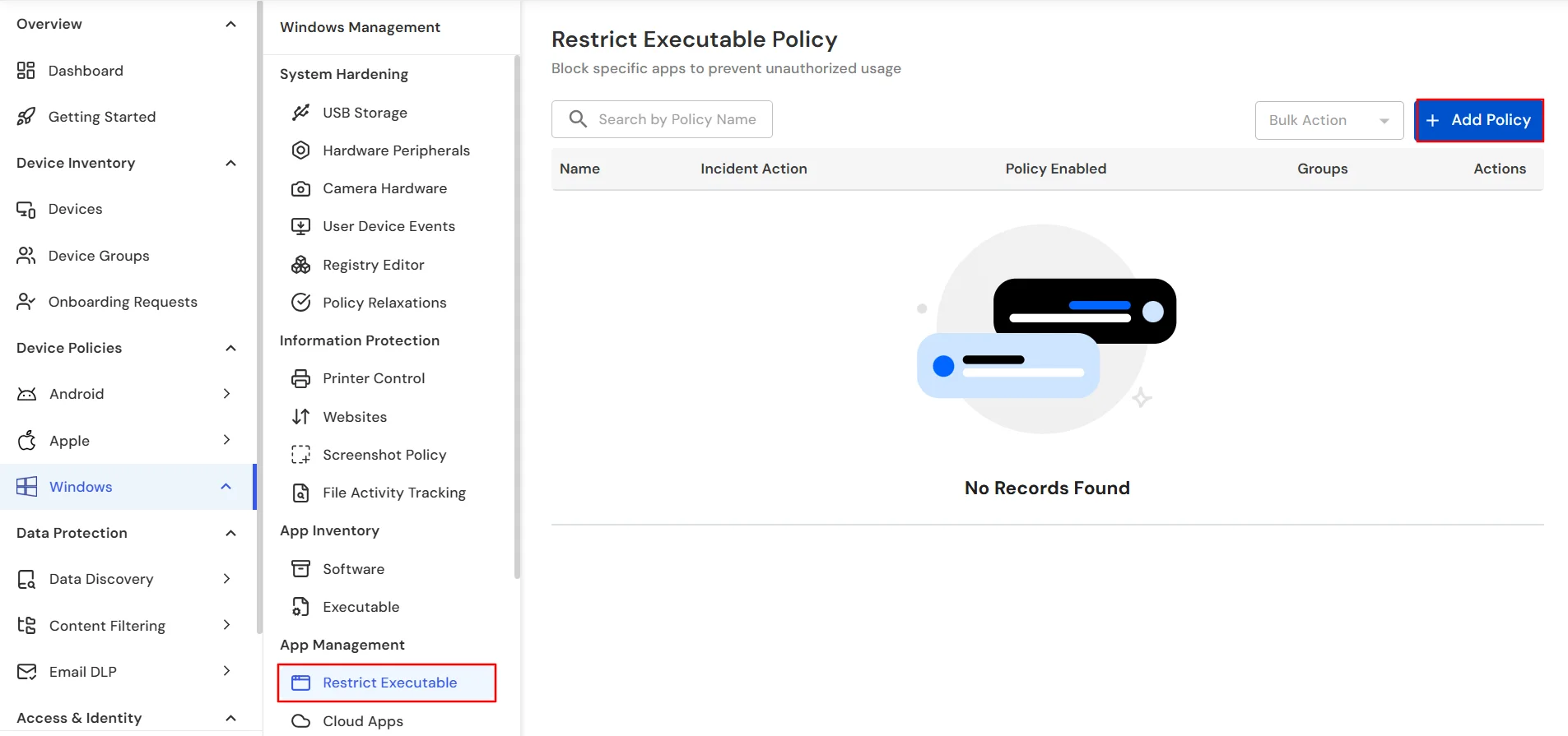 miniOrange DLP Restrict Executables tab Add Policy for application blocking rules