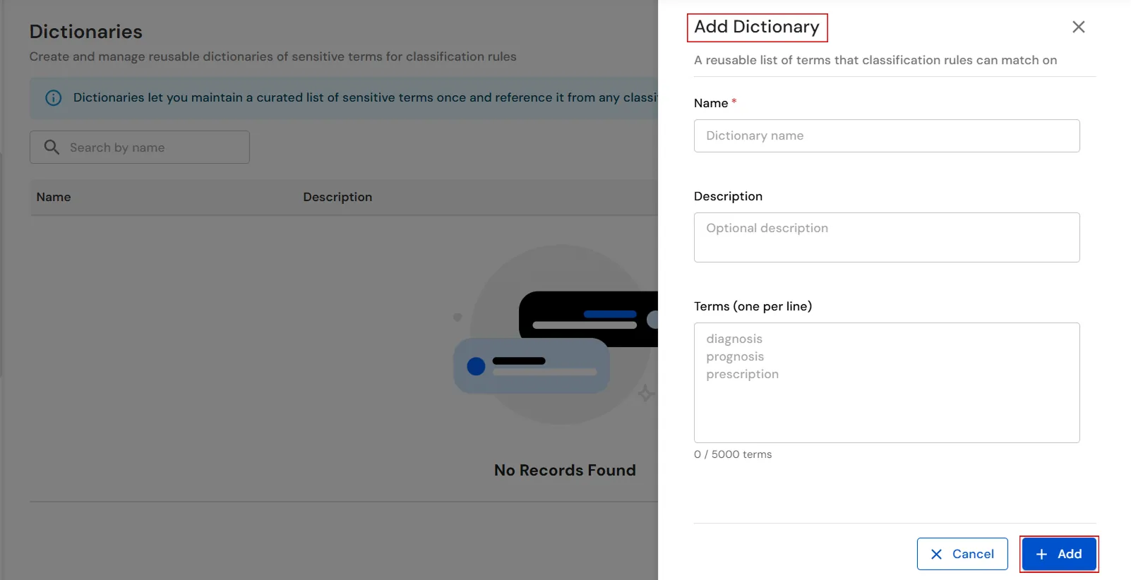 miniOrange Endpoint DLP Add Dictionary window for configuring dictionary terms