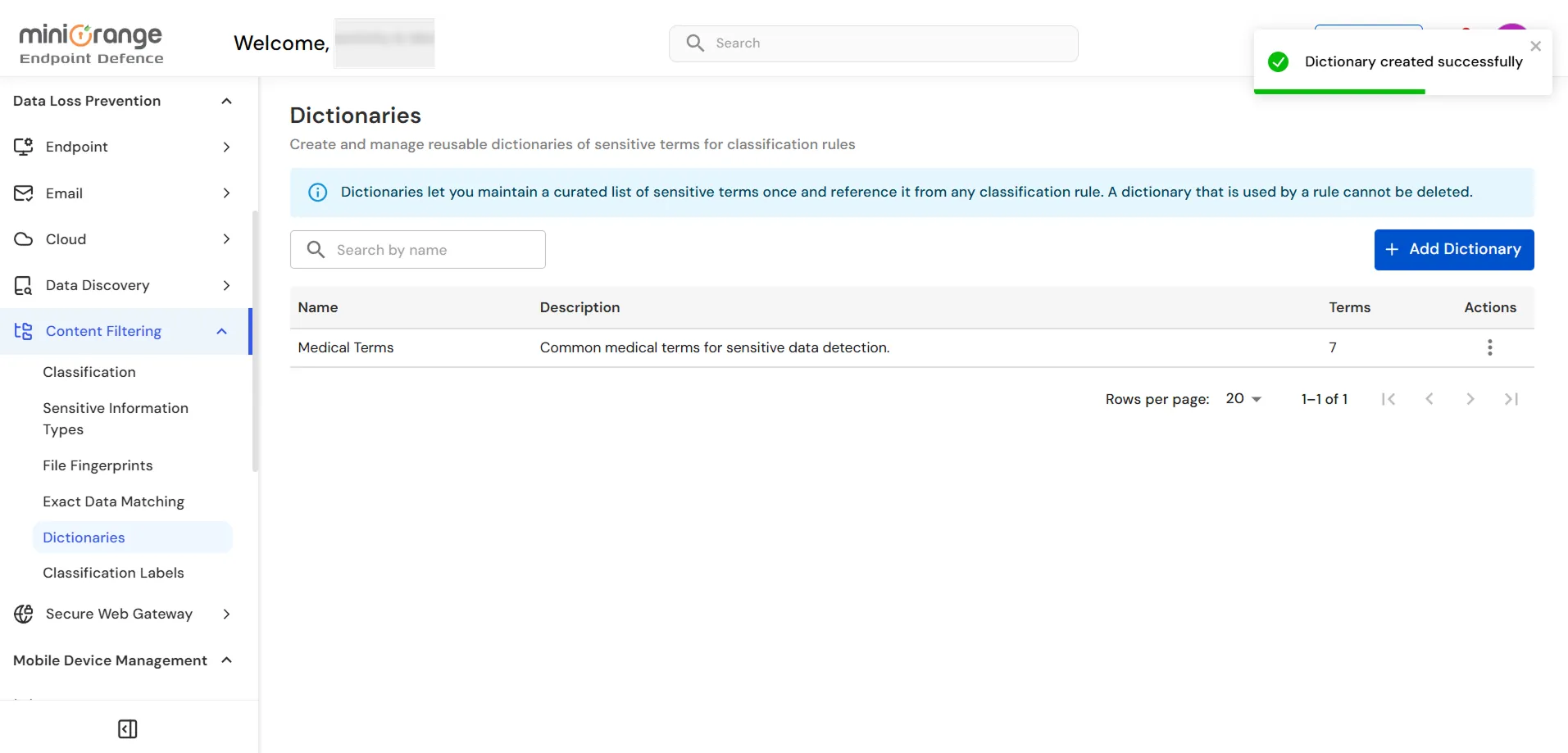 miniOrange Endpoint DLP Dictionaries page showing the newly created dictionary