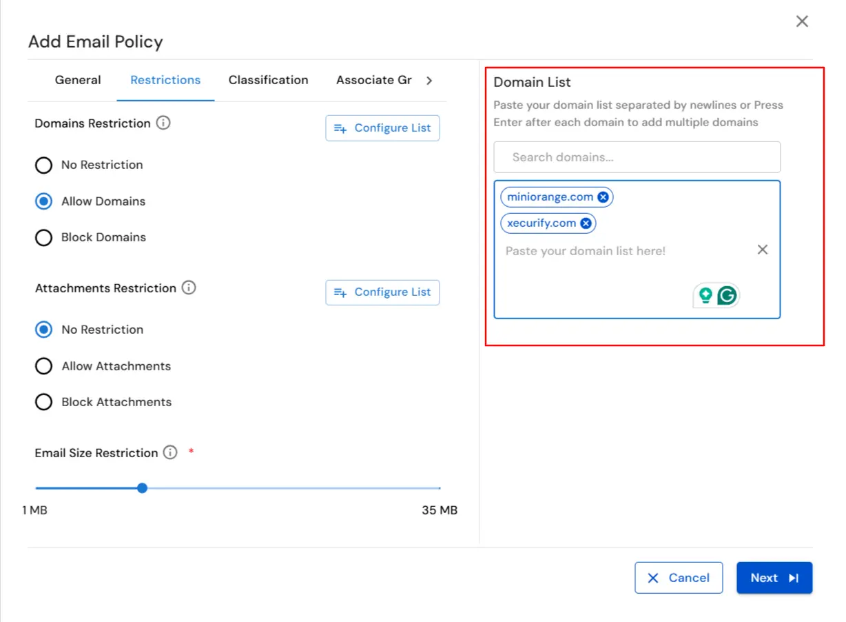 : Email DLP for Email Security  | Allow Domains