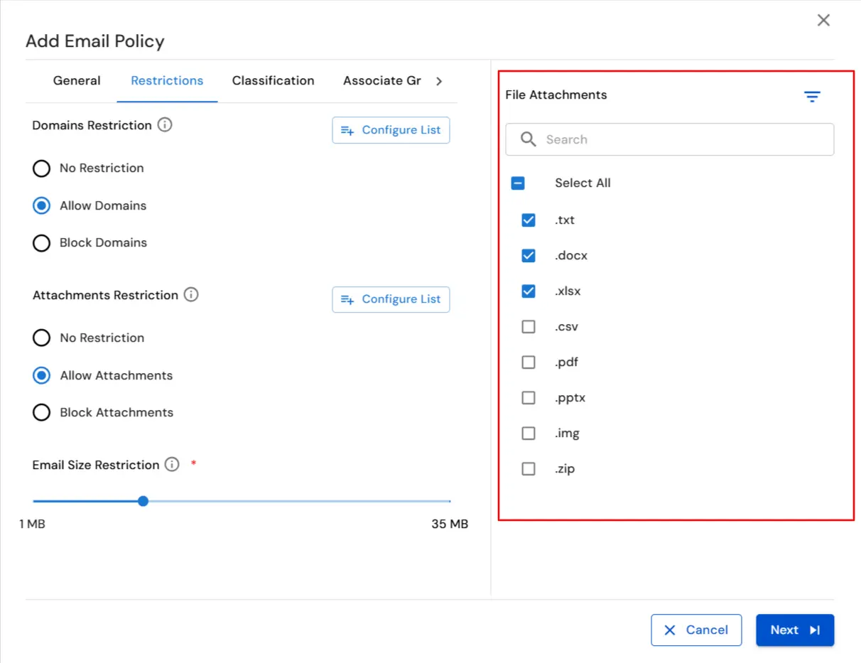 : Email DLP for Email Security  | Set Restrictions