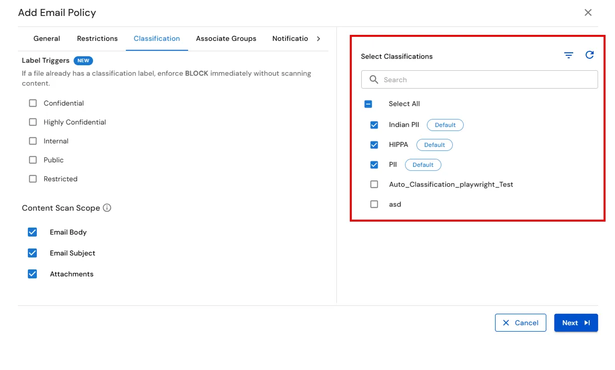 : Email DLP for Email Security  | Selected Classification types