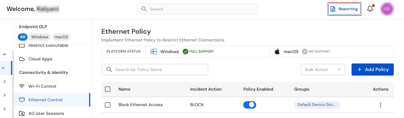 Access the Ethernet Policy reporting dashboard