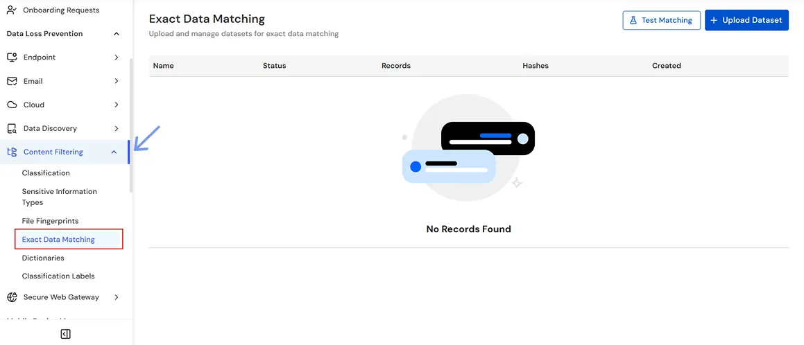 miniOrange Endpoint DLP Exact Data Matching page