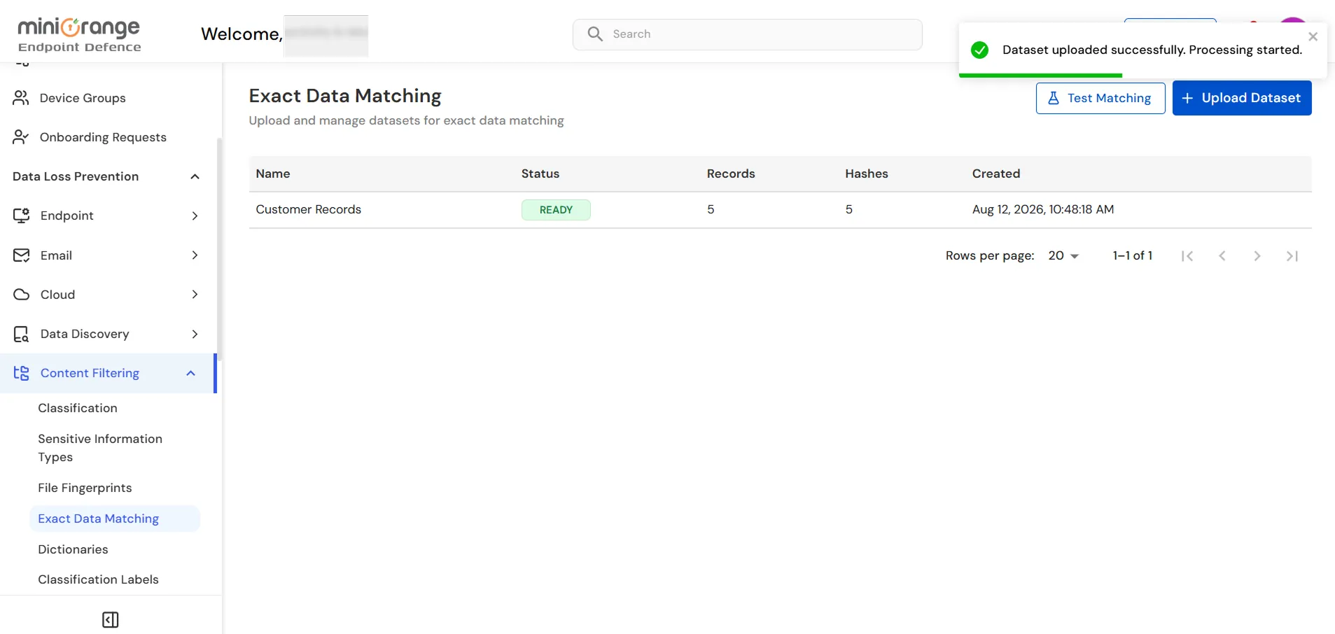 miniOrange Endpoint DLP Exact Data Matching dataset uploaded successfully