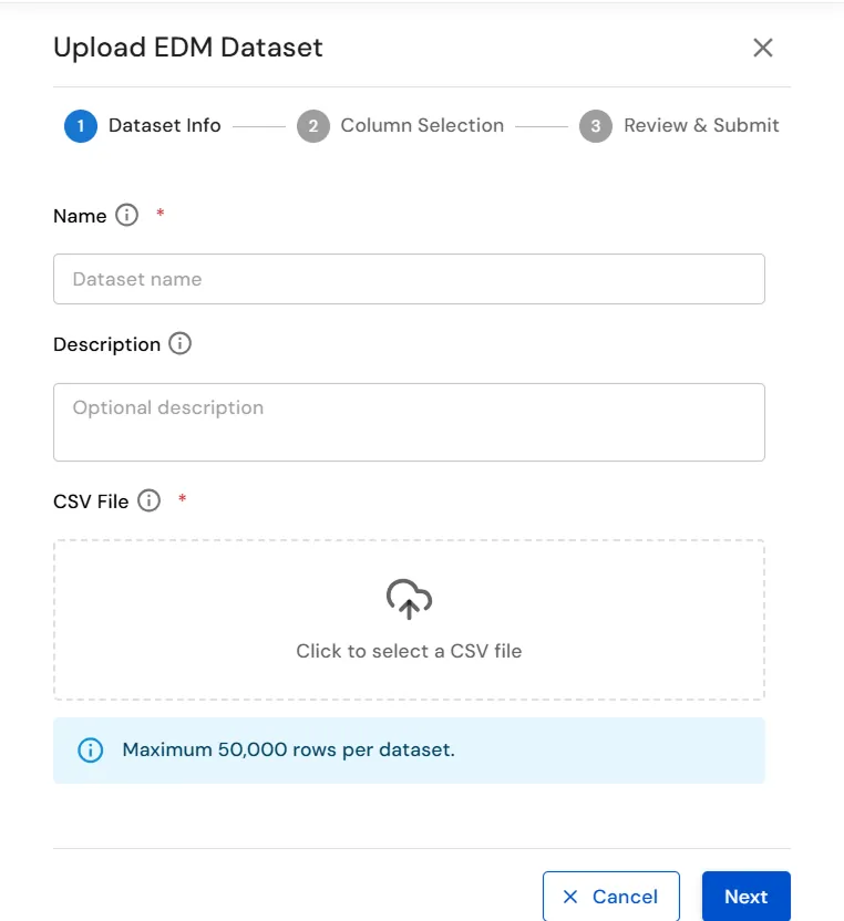 miniOrange Endpoint DLP Upload EDM Dataset window