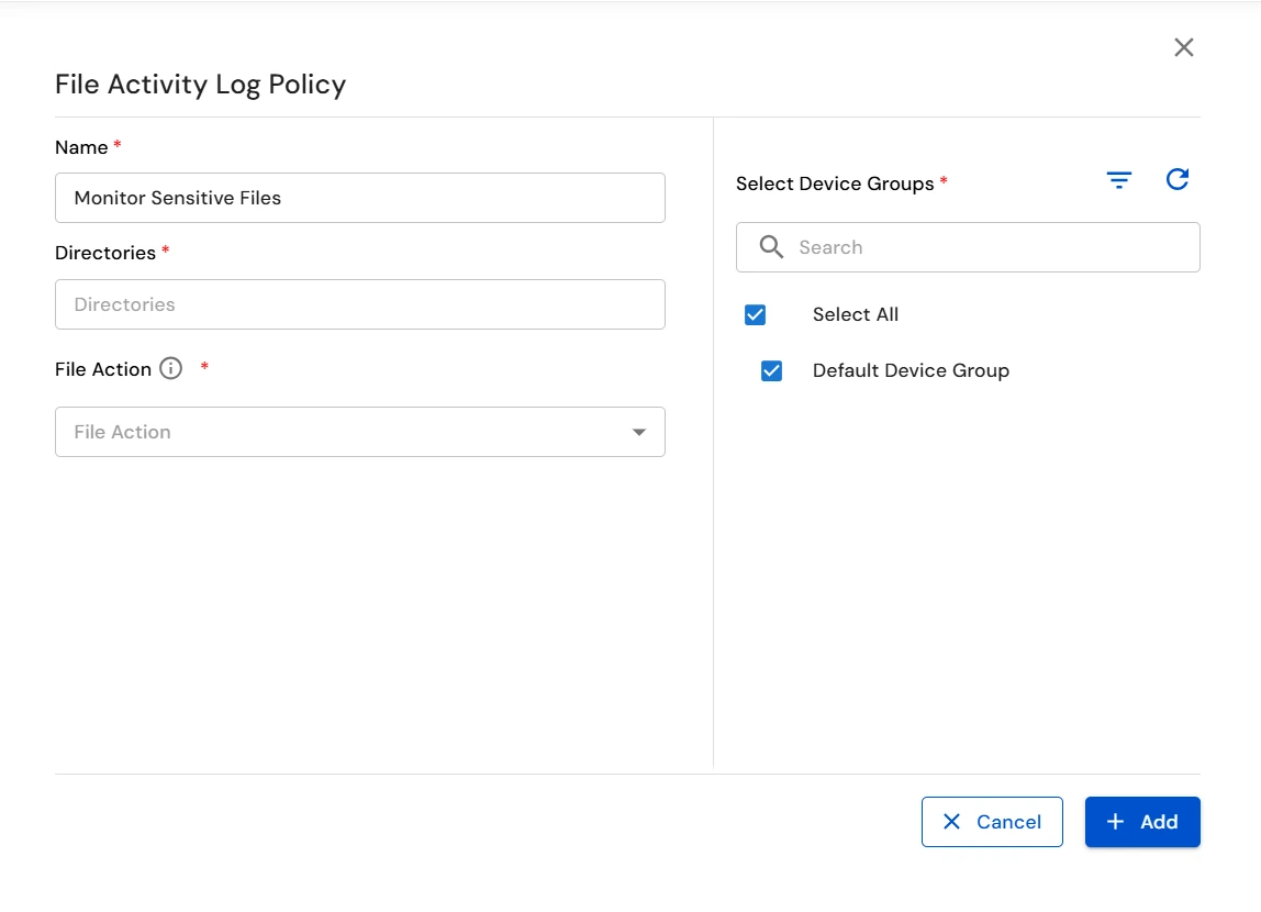 miniOrange Endpoint DLP Create File Activity Tracking Policy window