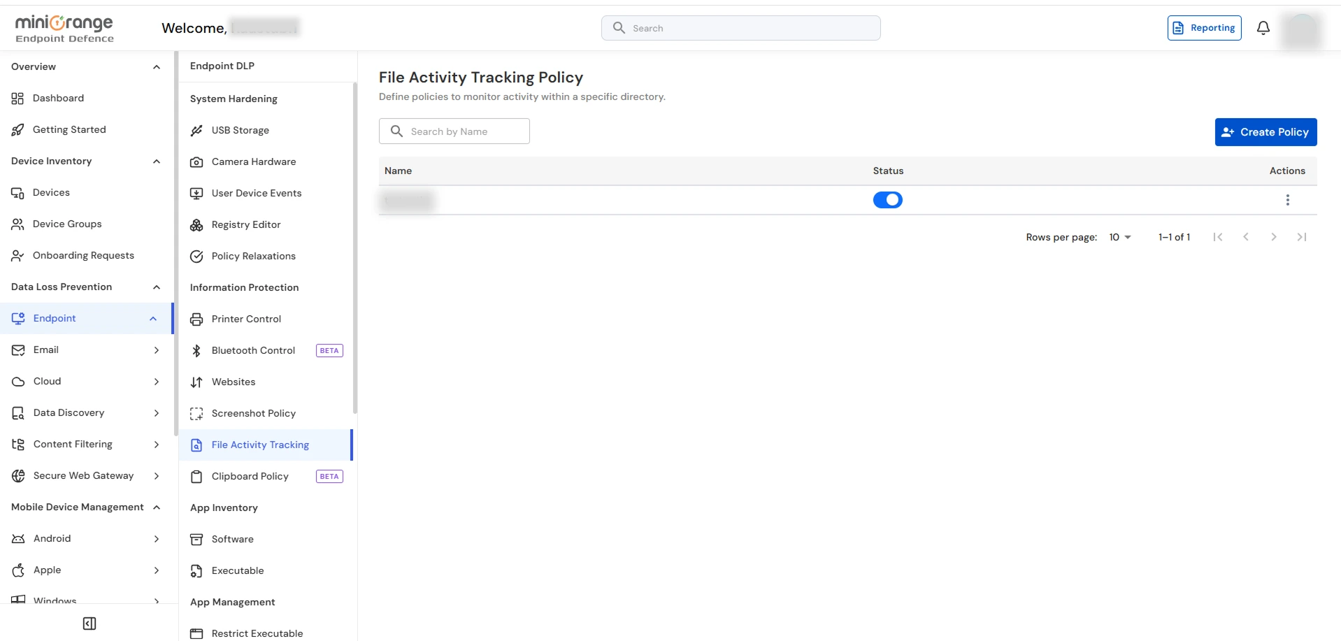 miniOrange Endpoint DLP File Activity Tracking Policy list showing configured file activity policies