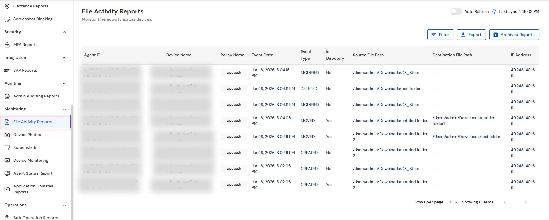 miniOrange Endpoint DLP File Activity Reports page showing file activity events and tracking details