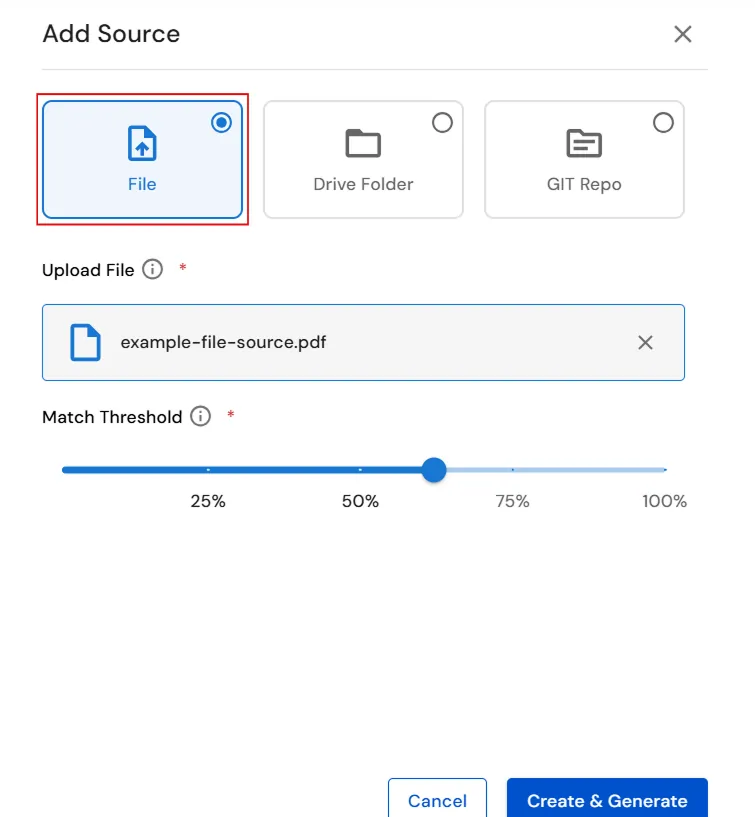 miniOrange Endpoint DLP Add Source window for configuring a File source and Match Threshold