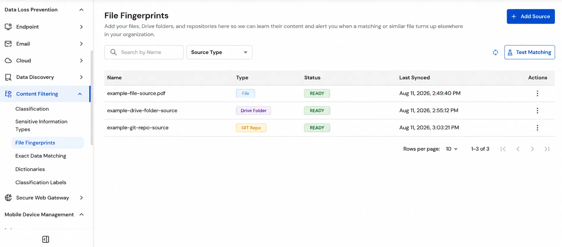 miniOrange Endpoint DLP File Fingerprints list showing configured fingerprint sources
