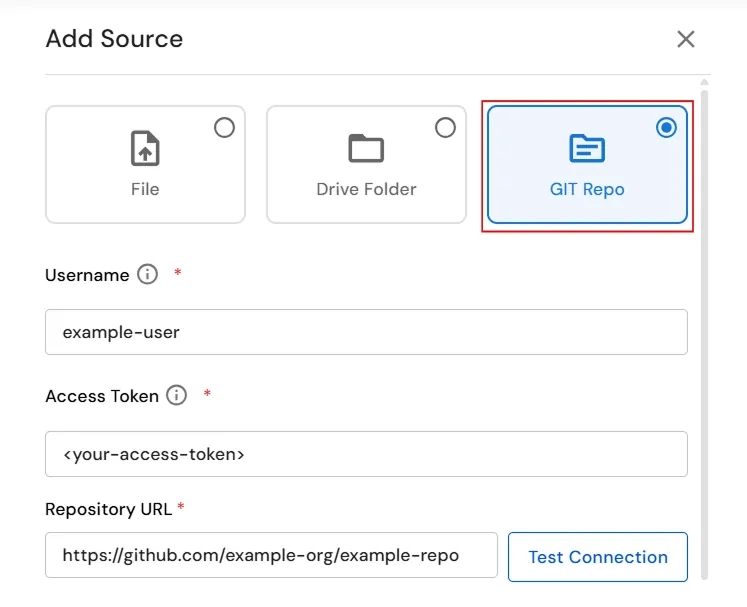 miniOrange Endpoint DLP Add Source window showing Git repository connection settings