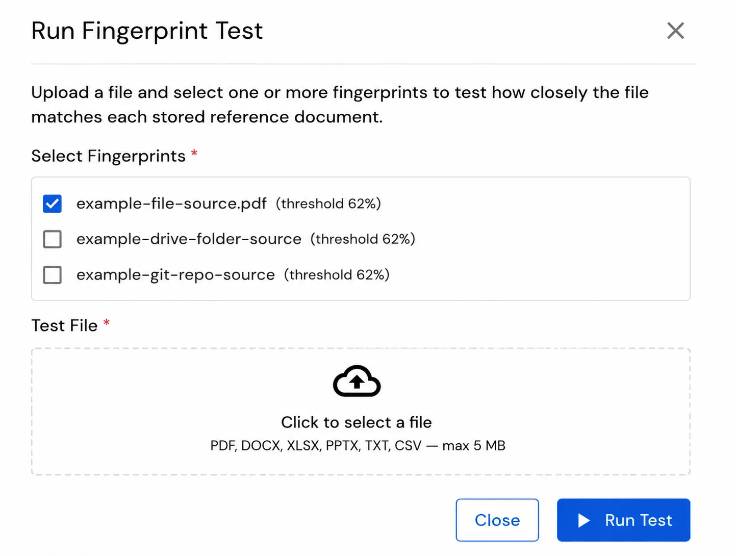 miniOrange DLP Run Fingerprint Test window with selected fingerprint and test file