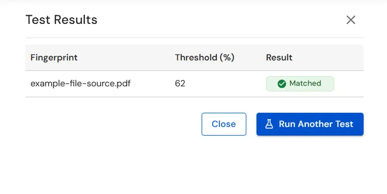 miniOrange DLP File Fingerprint Test Results showing match status and threshold